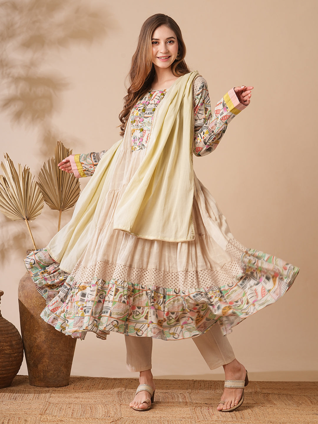 Woven Checks Mirror & Aari Embroidered Tiered Kurta with Pants & Dupatta - Beige