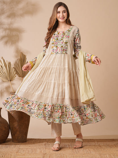 Woven Checks Mirror & Aari Embroidered Tiered Kurta with Pants & Dupatta - Beige