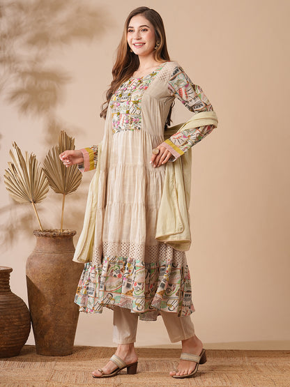 Woven Checks Mirror & Aari Embroidered Tiered Kurta with Pants & Dupatta - Beige