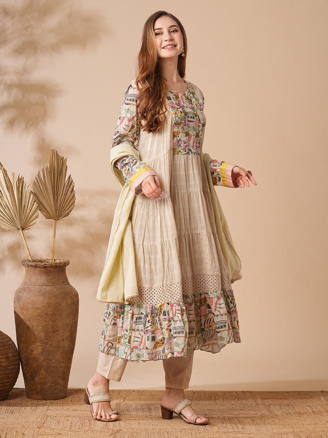 Woven Checks Mirror & Aari Embroidered Tiered Kurta with Pants & Dupatta - Beige