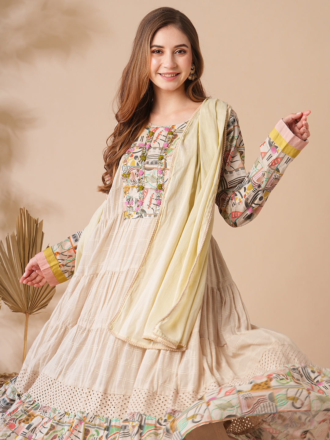 Woven Checks Mirror & Aari Embroidered Tiered Kurta with Pants & Dupatta - Beige