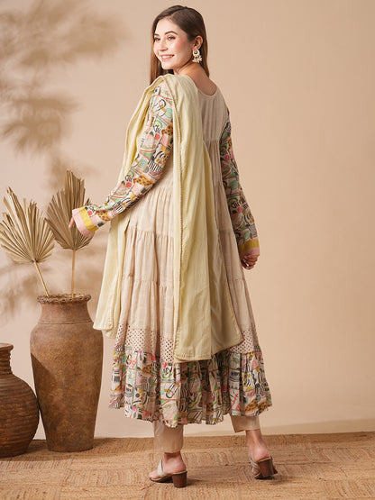 Woven Checks Mirror & Aari Embroidered Tiered Kurta with Pants & Dupatta - Beige