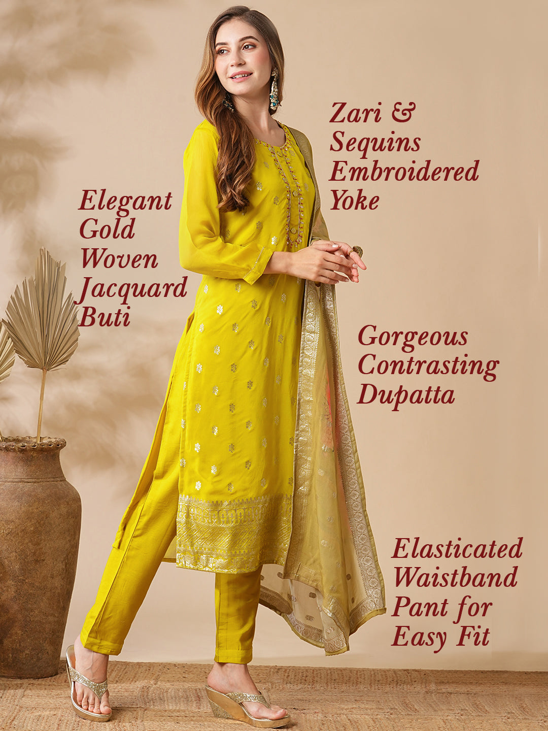 Floral Jacquard Design Embroidered Kurta with Pants & Floral Printed Dupatta - Yellow