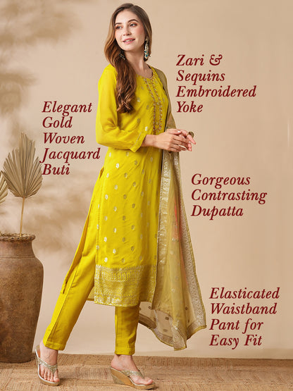 Floral Jacquard Design Embroidered Kurta with Pants & Floral Printed Dupatta - Yellow