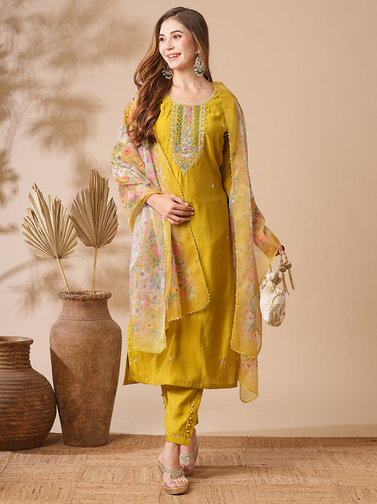 Solid Zardozi, Mirror & Stone Embroidered Kurta with Pants & Floral Dupatta - Lime Green