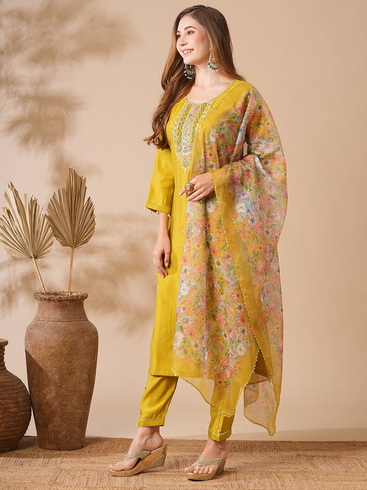 Solid Zardozi, Mirror & Stone Embroidered Kurta with Pants & Floral Dupatta - Lime Green