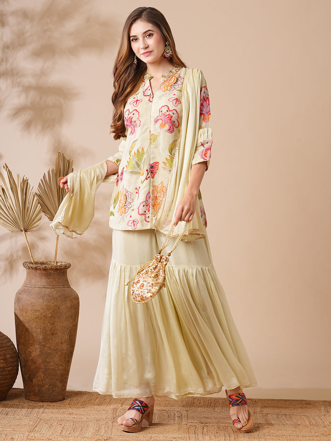 Floral Printed Zardozi, Mirror & Stone Embroidered Kurti with Sharara & Dupatta - Cream