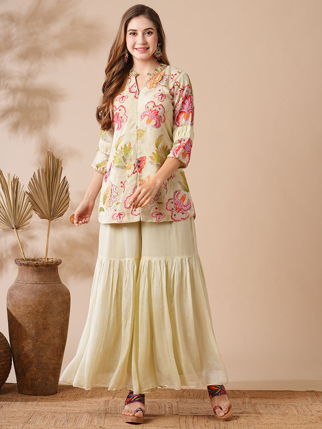 Floral Printed Zardozi, Mirror & Stone Embroidered Kurti with Sharara & Dupatta - Cream