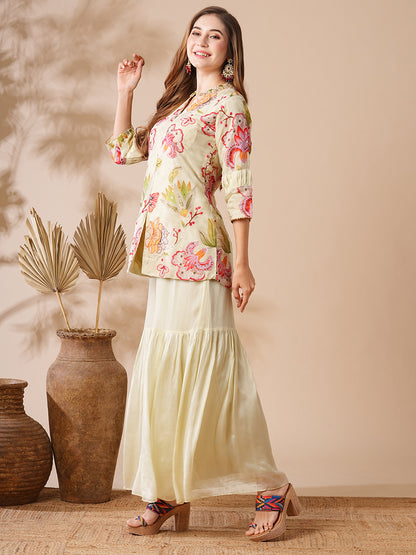 Floral Printed Zardozi, Mirror & Stone Embroidered Kurti with Sharara & Dupatta - Cream