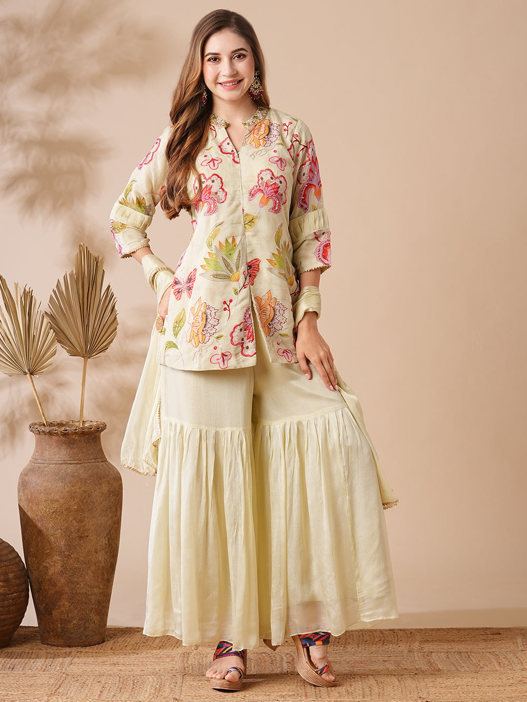 Floral Printed Zardozi, Mirror & Stone Embroidered Kurti with Sharara & Dupatta - Cream