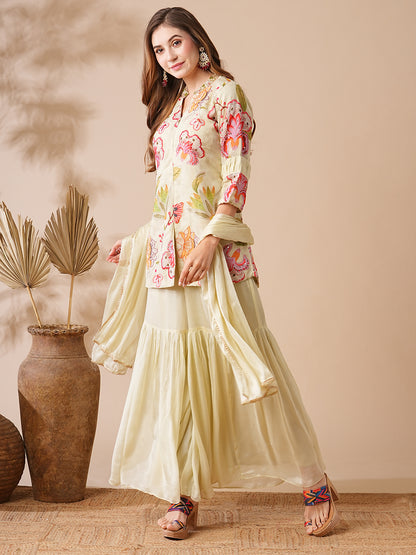 Floral Printed Zardozi, Mirror & Stone Embroidered Kurti with Sharara & Dupatta - Cream