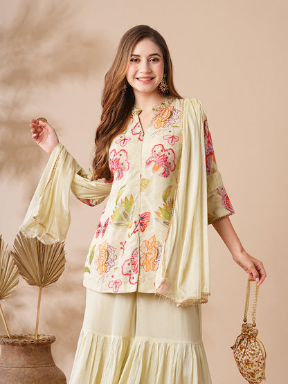 Floral Printed Zardozi, Mirror & Stone Embroidered Kurti with Sharara & Dupatta - Cream