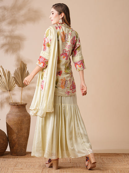 Floral Printed Zardozi, Mirror & Stone Embroidered Kurti with Sharara & Dupatta - Cream