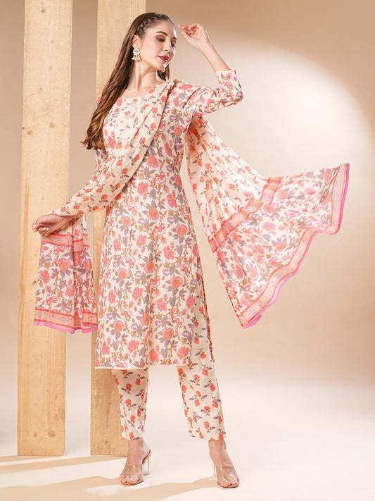 Floral Printed Sequins & Beads Embrodiered Kurta with Pants & Dupatta - Off White