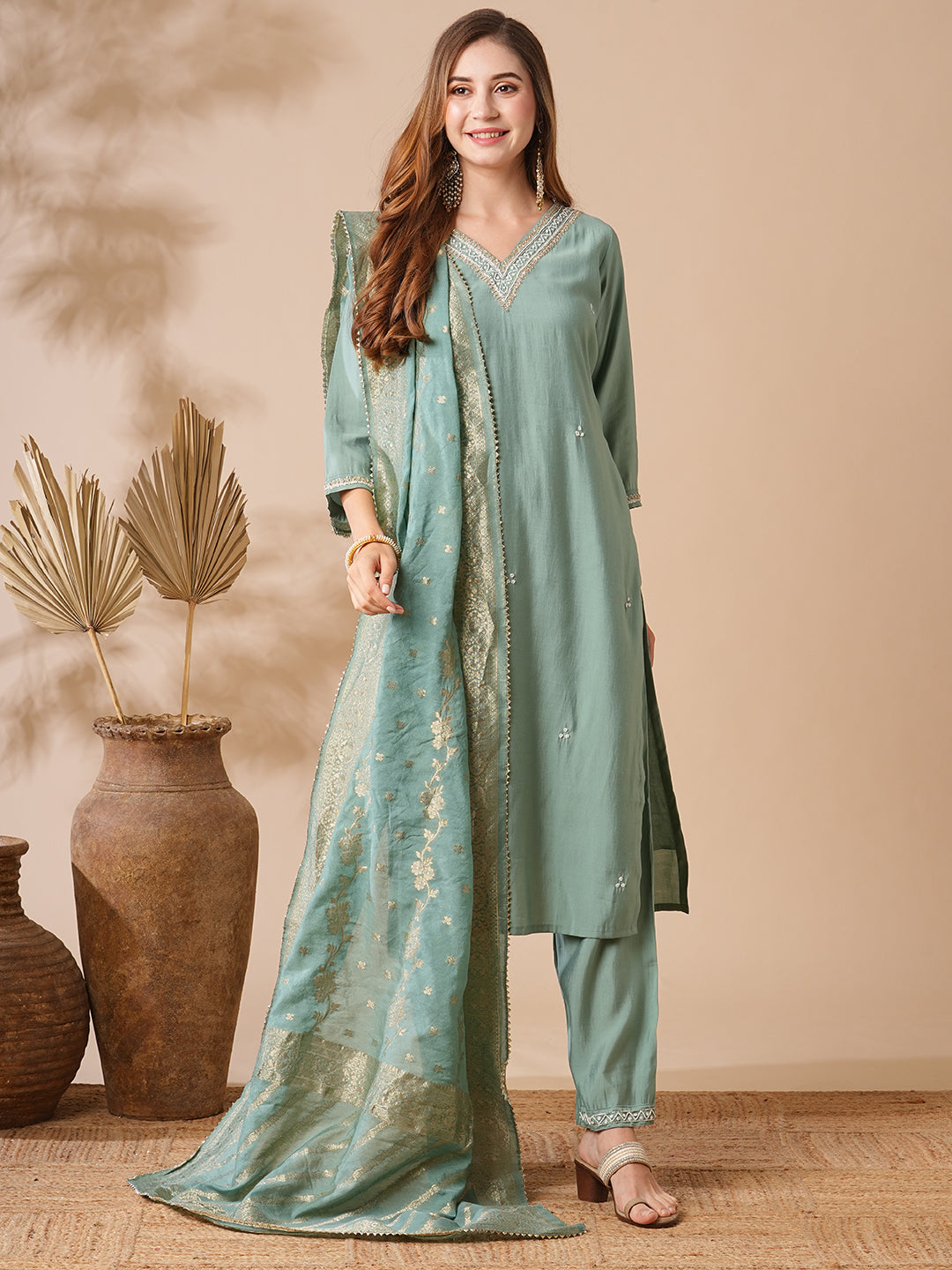 Solid Ethnic Embroidered Kurta with Pant & Woven Zari Jacquard Dupatta - Mint Green