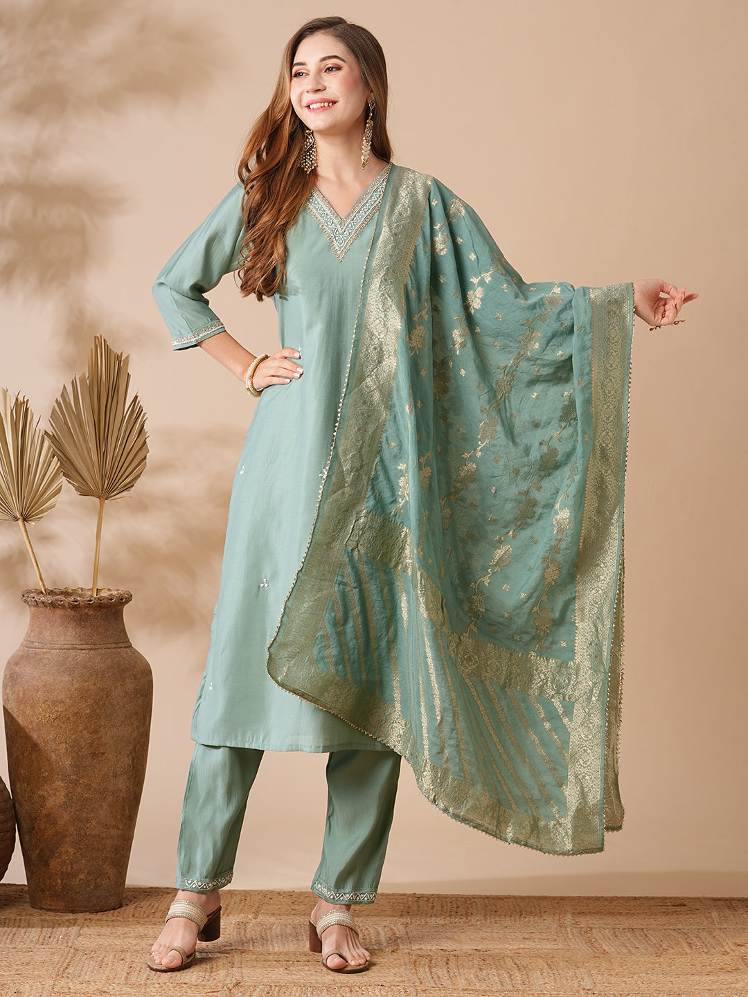 Solid Ethnic Embroidered Kurta with Pant & Woven Zari Jacquard Dupatta - Mint Green