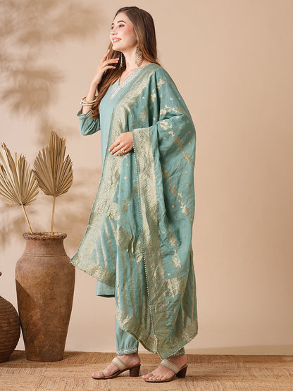 Solid Ethnic Embroidered Kurta with Pant & Woven Zari Jacquard Dupatta - Mint Green