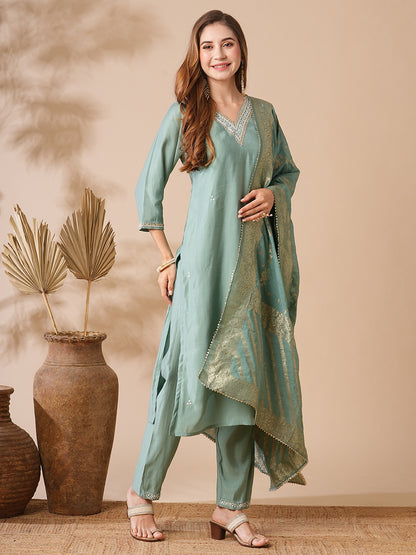 Solid Ethnic Embroidered Kurta with Pant & Woven Zari Jacquard Dupatta - Mint Green