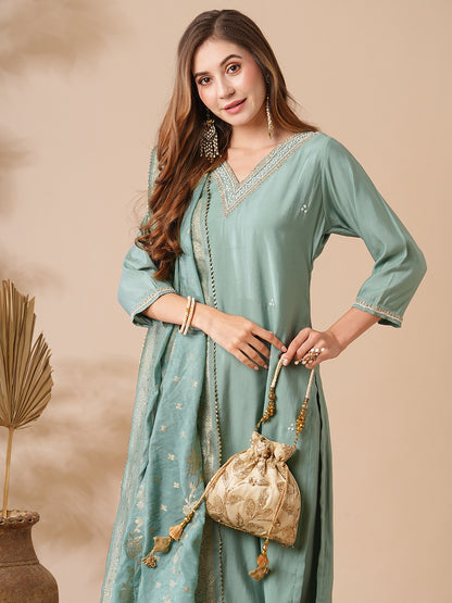 Solid Ethnic Embroidered Kurta with Pant & Woven Zari Jacquard Dupatta - Mint Green