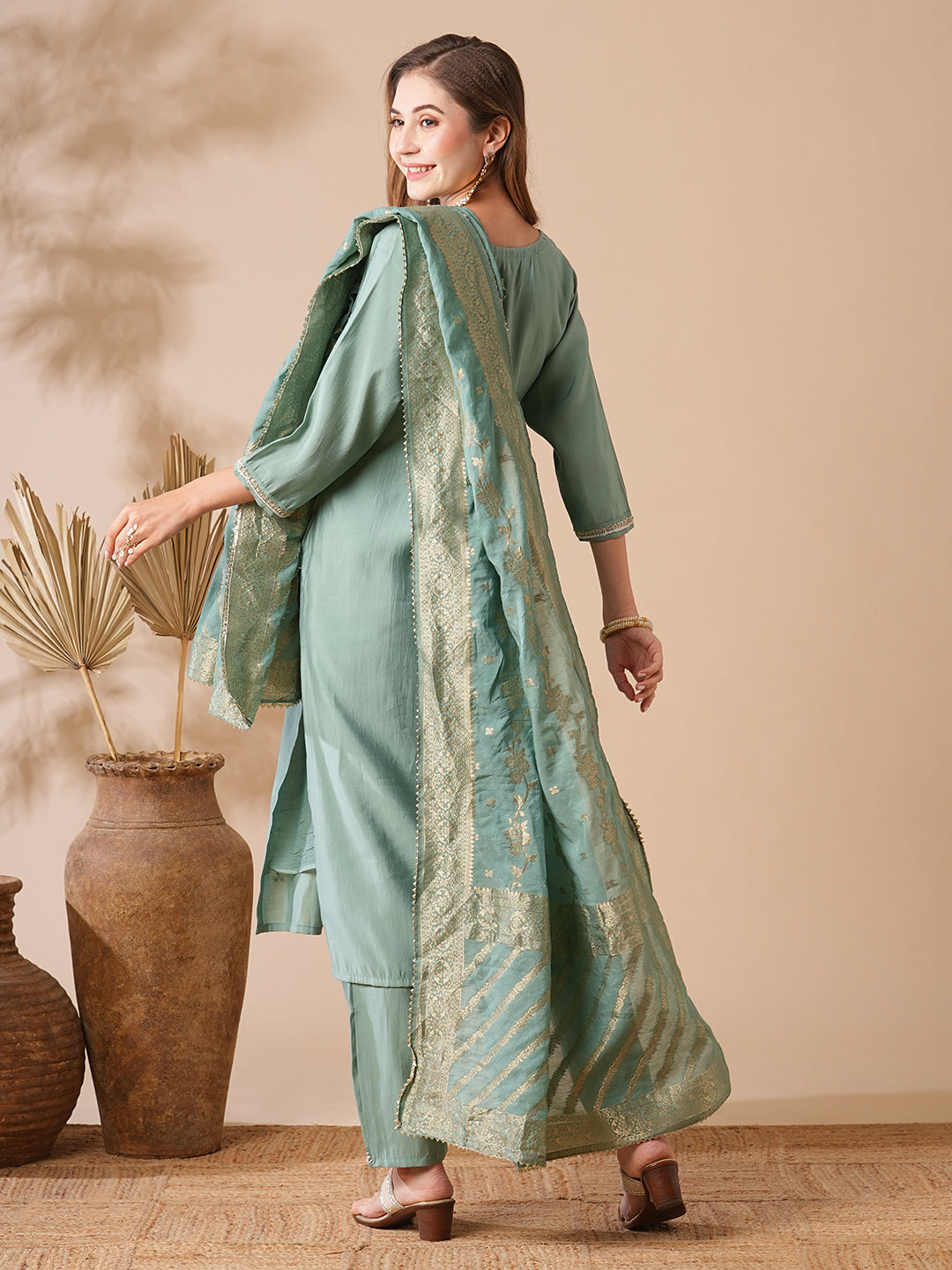 Solid Ethnic Embroidered Kurta with Pant & Woven Zari Jacquard Dupatta - Mint Green