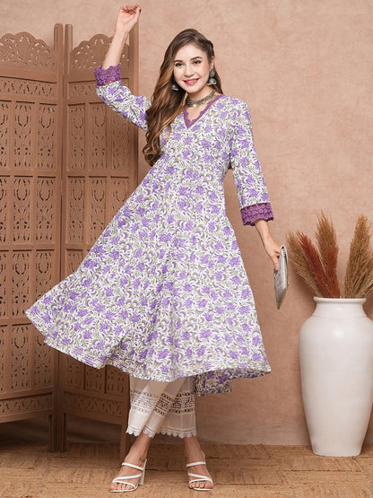 Floral Printed & Embroidered Anarkali Flared Kurta - Lavender