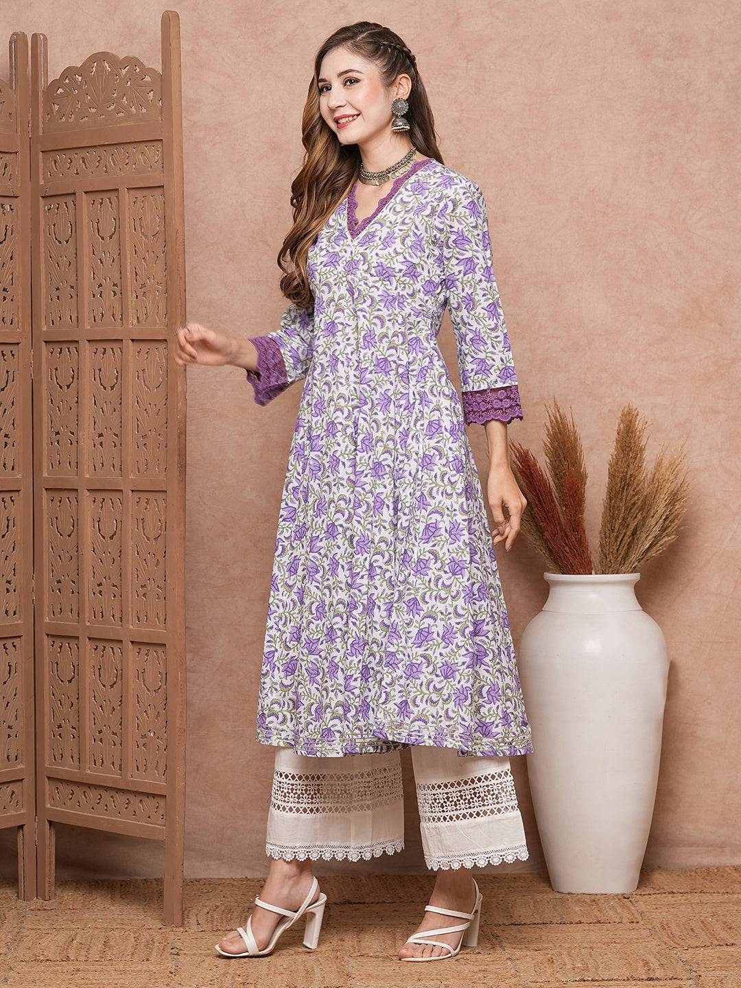 Floral Printed & Embroidered Anarkali Flared Kurta - Lavender