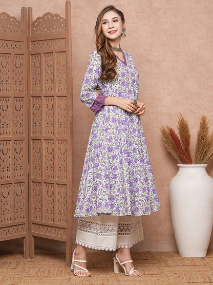 Floral Printed & Embroidered Anarkali Flared Kurta - Lavender