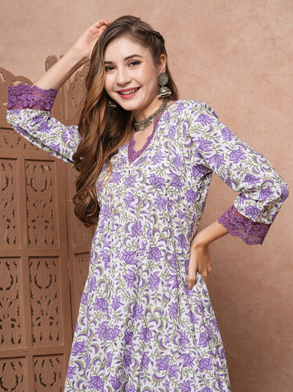 Floral Printed & Embroidered Anarkali Flared Kurta - Lavender