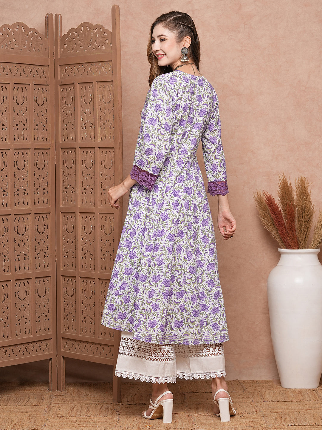 Floral Printed & Embroidered Anarkali Flared Kurta - Lavender