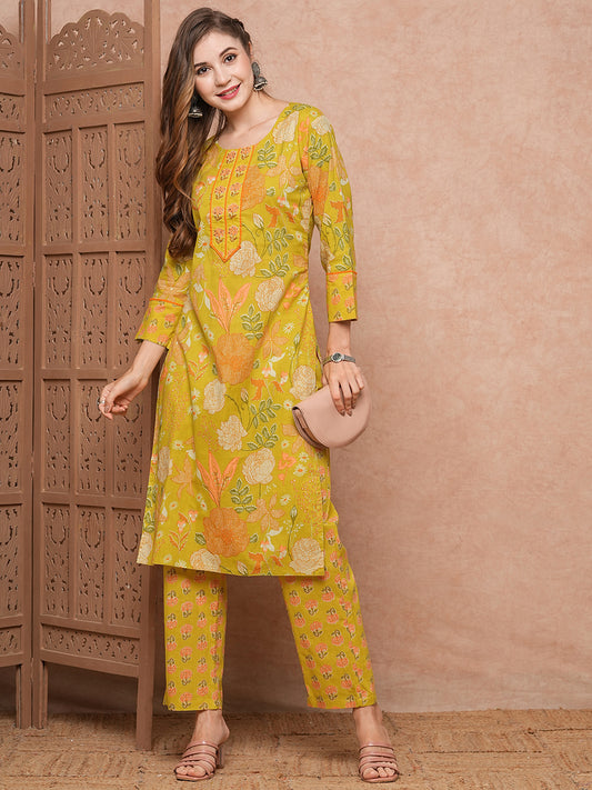 Floral Printed Sequins Embellished & Kurta with Pants - Yellow