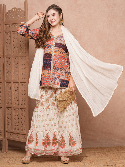 Multi Printed Sequins & Resham Embroidered kurti with Sharara & Dupatta - Multi