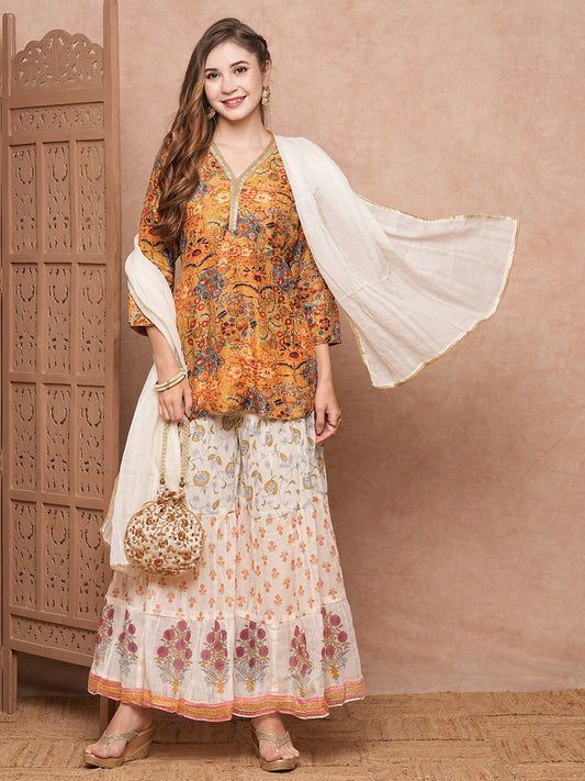Floral Printed Sequins & Resham Embroidered kurti with Sharara & Dupatta - Mustard