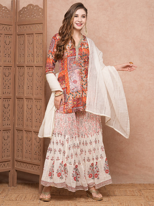 Ethnic Printed Sequins & Resham Embroidered kurti with Sharara & Dupatta - Multi