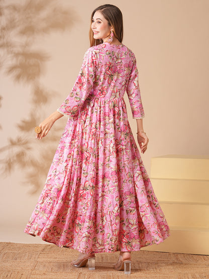 Abstract Floral Printed Sequin Embroidered A-Line Pleated Maxi Dress - Pink