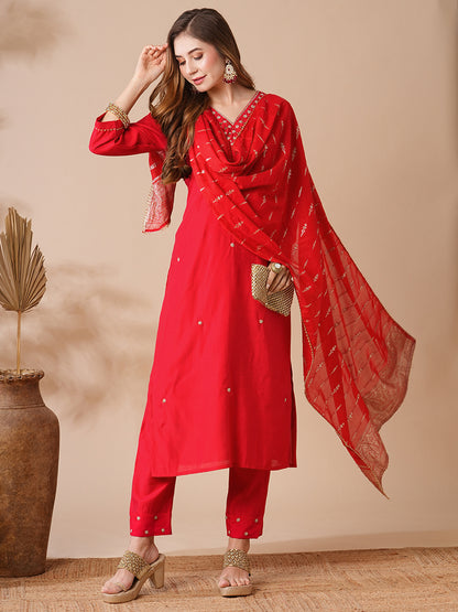 Solid Pearl & Aari Embroidered Kurta with Pants & Jacquard Dupatta - Red