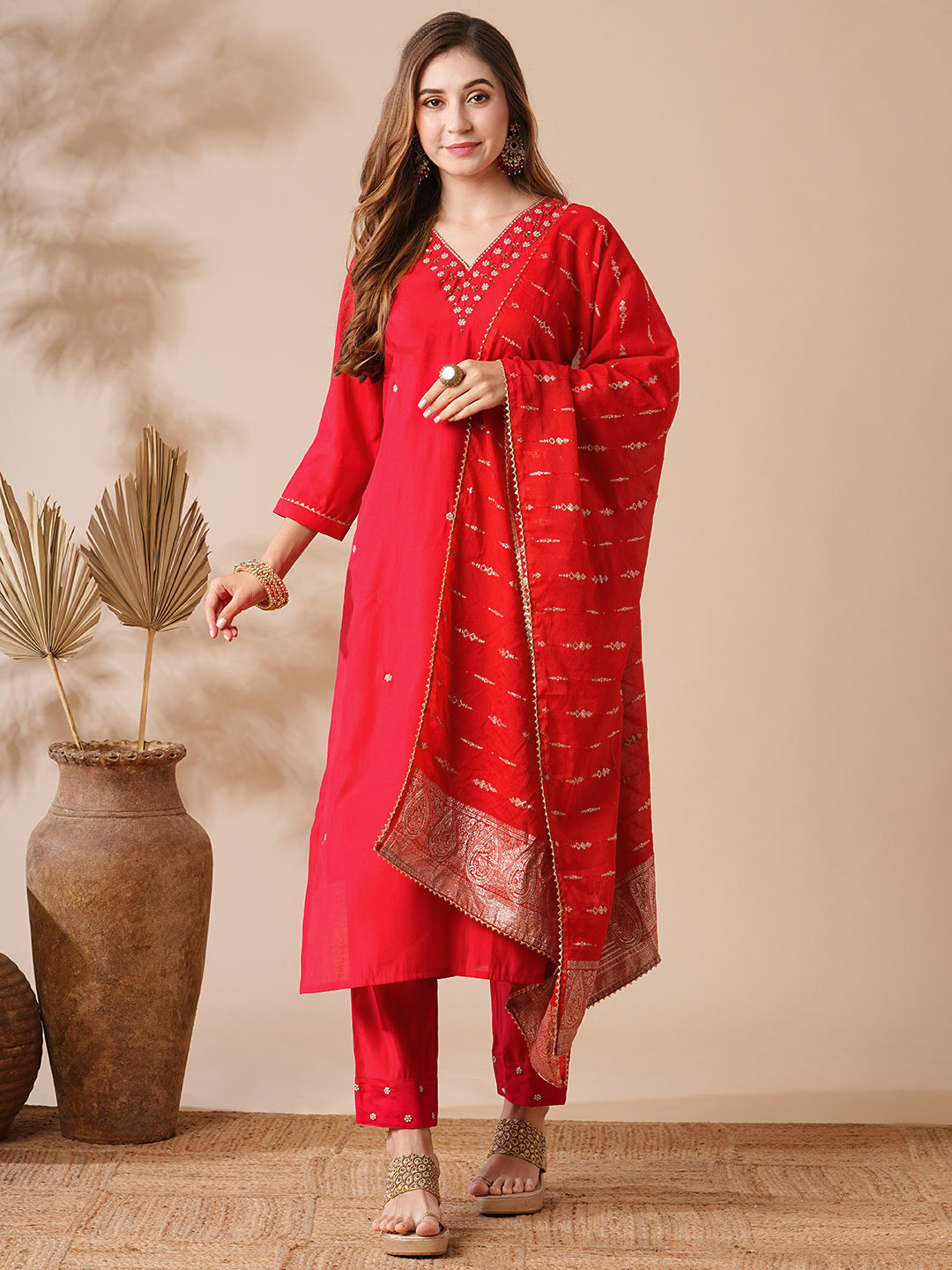 Solid Pearl & Aari Embroidered Kurta with Pants & Jacquard Dupatta - Red