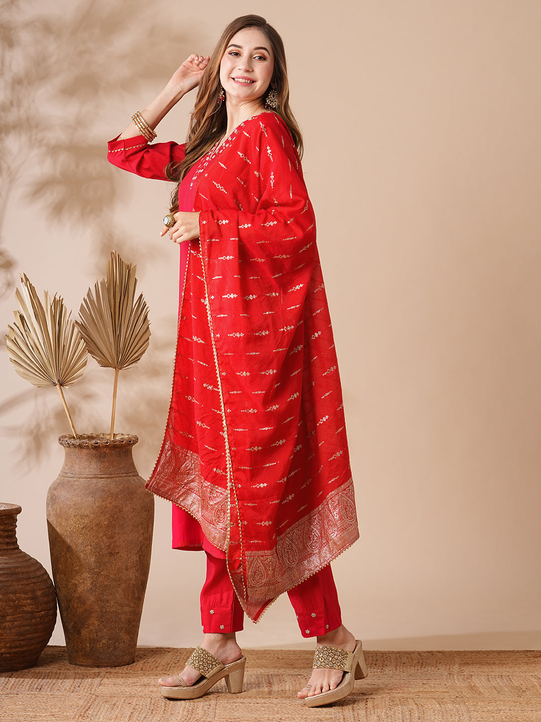 Solid Pearl & Aari Embroidered Kurta with Pants & Jacquard Dupatta - Red