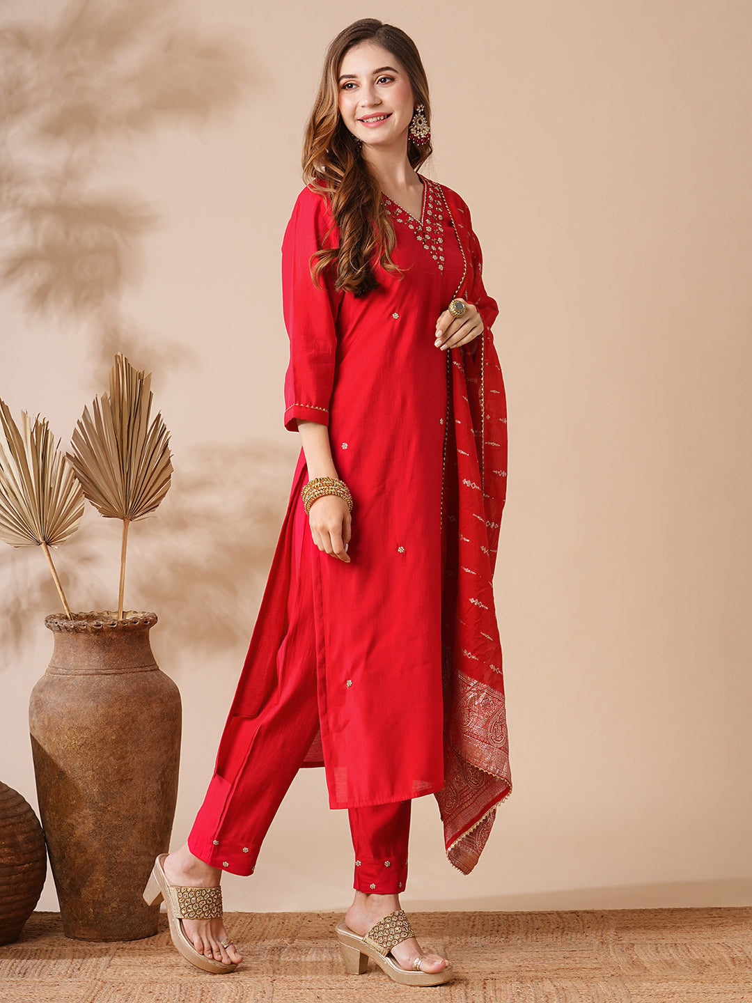 Solid Pearl & Aari Embroidered Kurta with Pants & Jacquard Dupatta - Red