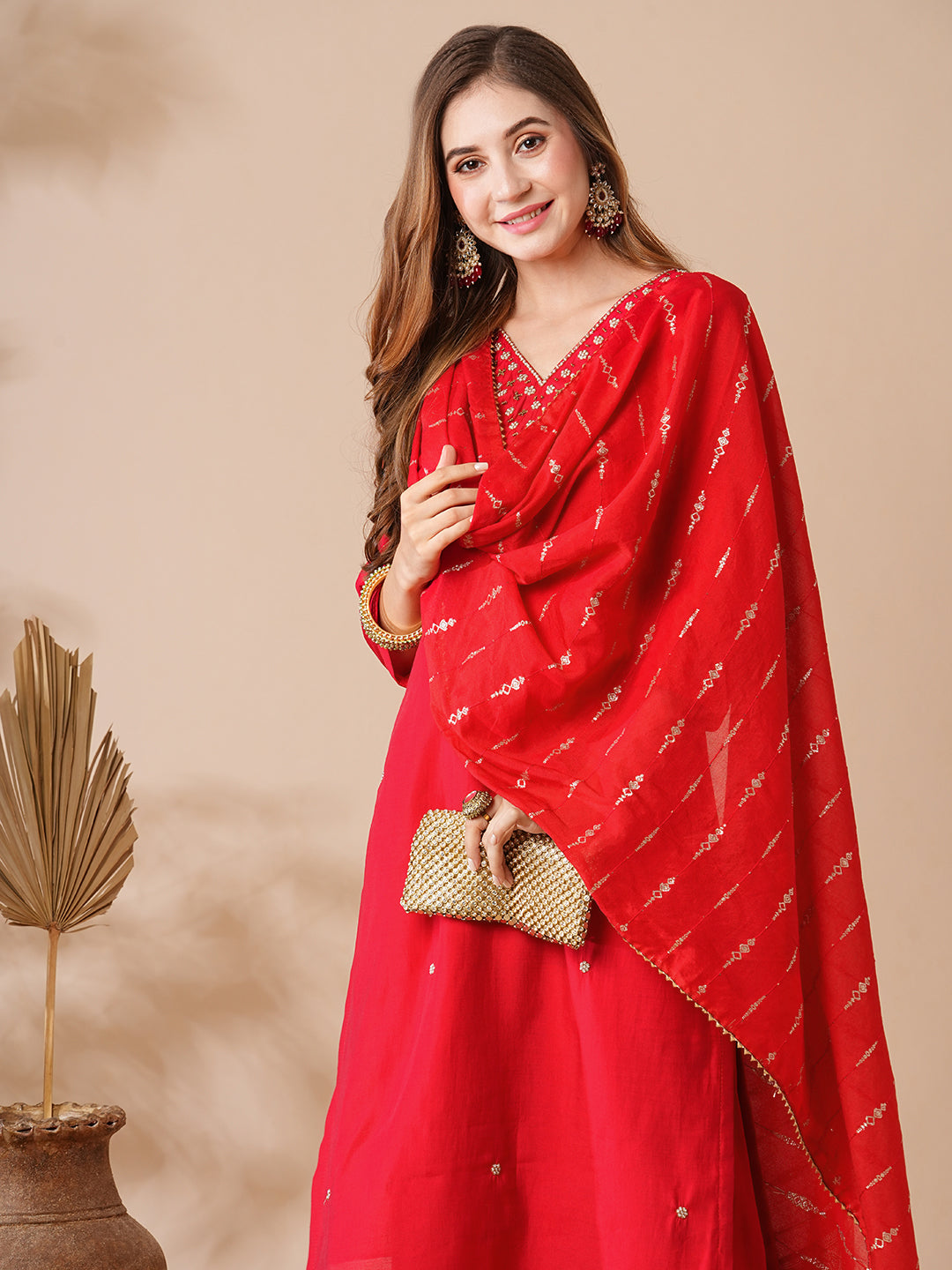 Solid Pearl & Aari Embroidered Kurta with Pants & Jacquard Dupatta - Red