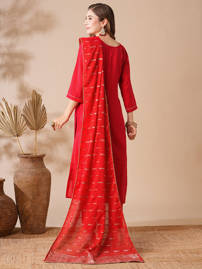 Solid Pearl & Aari Embroidered Kurta with Pants & Jacquard Dupatta - Red