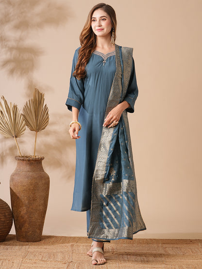 Solid Ethnic Embroidered Kurta with Pant & Woven Zari Jacquard Dupatta - Teal Blue