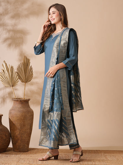 Solid Ethnic Embroidered Kurta with Pant & Woven Zari Jacquard Dupatta - Teal Blue