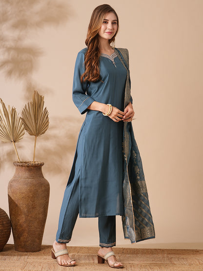 Solid Ethnic Embroidered Kurta with Pant & Woven Zari Jacquard Dupatta - Teal Blue