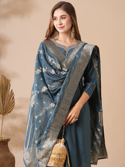 Solid Ethnic Embroidered Kurta with Pant & Woven Zari Jacquard Dupatta - Teal Blue