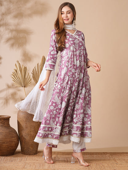 Floral Printed Stones & Pearl Embroidered Anarkali Kurta with Pants & Dupatta - Mauve