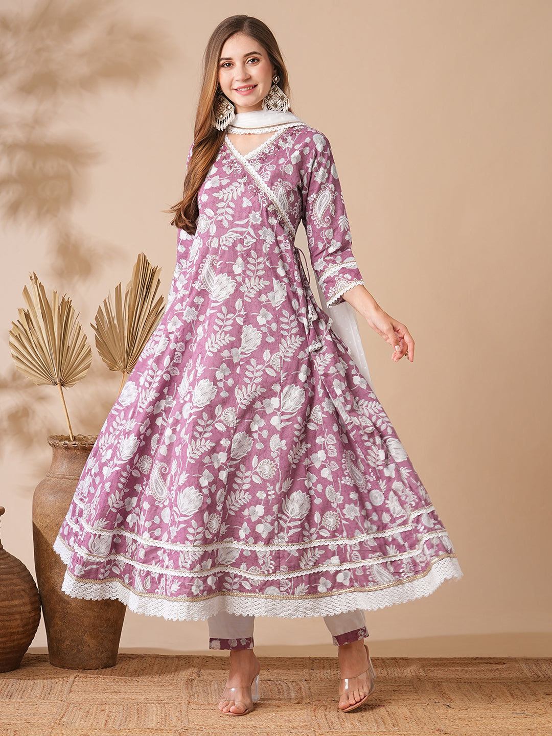 Floral Printed Stones & Pearl Embroidered Anarkali Kurta with Pants & Dupatta - Mauve