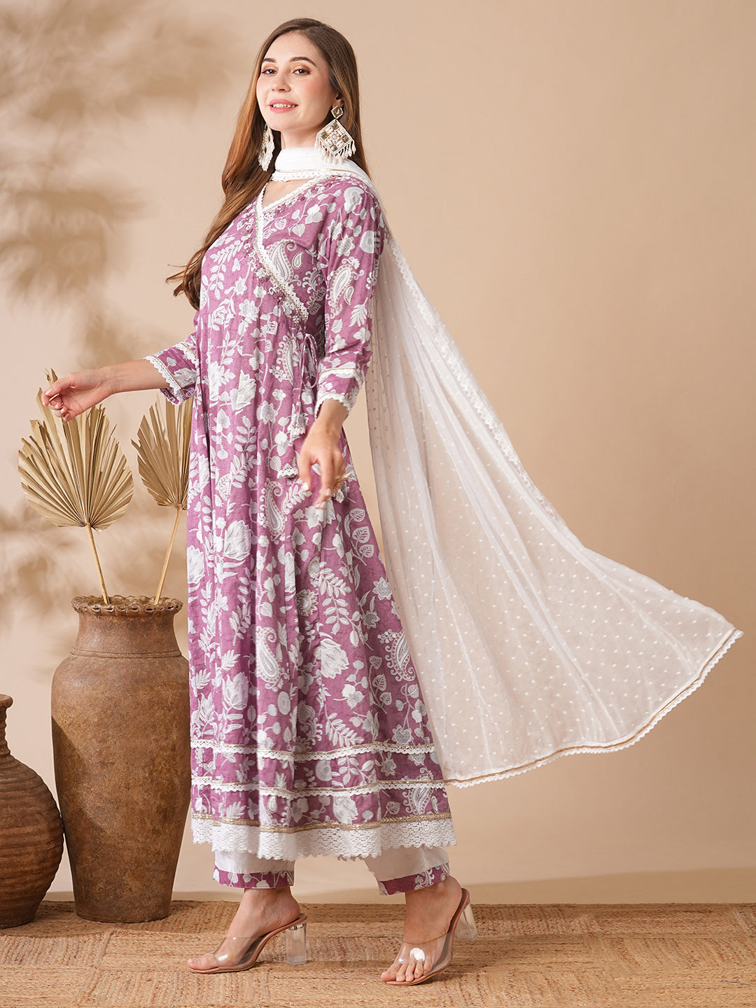 Floral Printed Stones & Pearl Embroidered Anarkali Kurta with Pants & Dupatta - Mauve