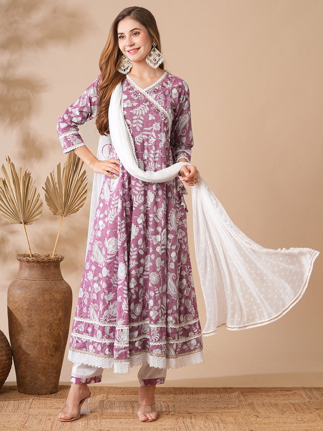 Floral Printed Stones & Pearl Embroidered Anarkali Kurta with Pants & Dupatta - Mauve