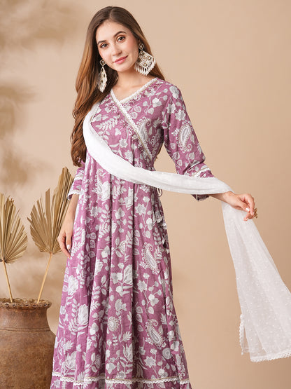 Floral Printed Stones & Pearl Embroidered Anarkali Kurta with Pants & Dupatta - Mauve