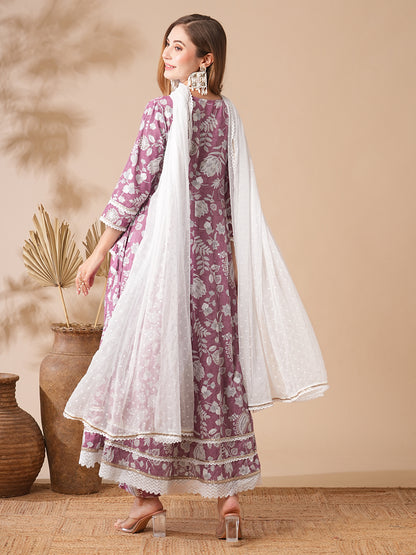 Floral Printed Stones & Pearl Embroidered Anarkali Kurta with Pants & Dupatta - Mauve